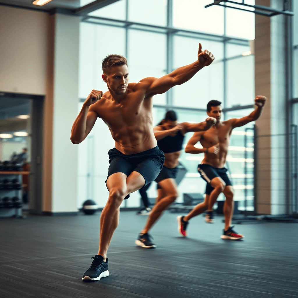 Elite athletes performing explosive training movements in modern facility, dynamic sports photography with motion blur effects