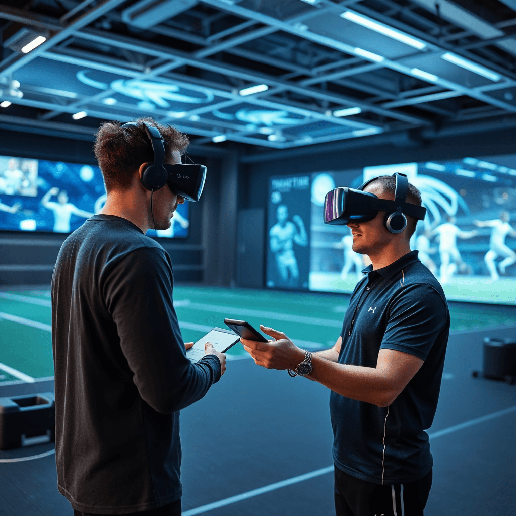 modern coaching session with athlete and coach using technology, virtual reality training, futuristic sports facility with holographic displays